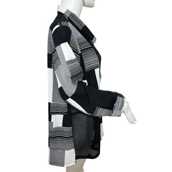 Damee Tunic Top XL Black White Checkered Mesh Inserts Collar Long Sleeve Button - Picture 9 of 16